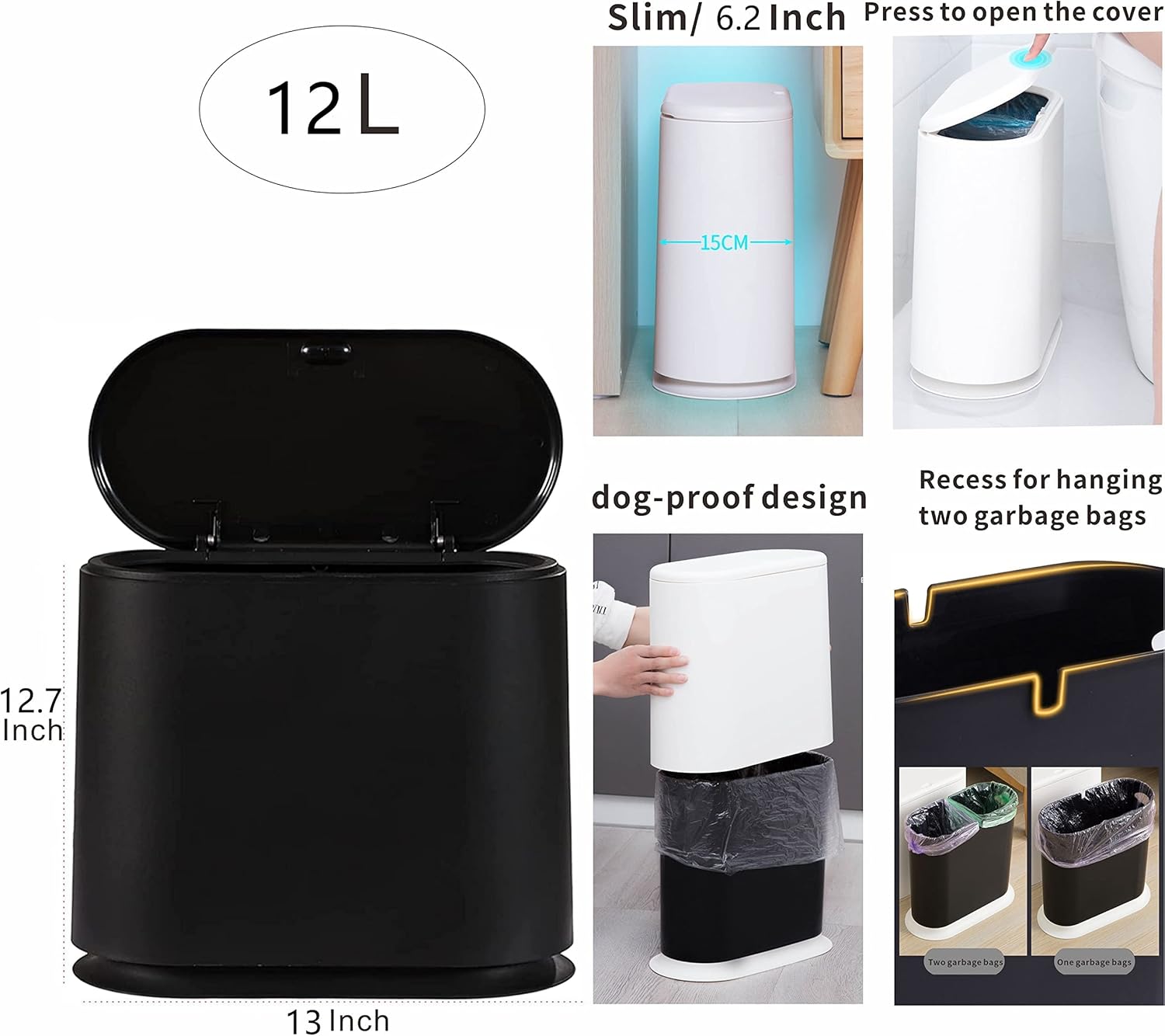 Black Slim Bathroom Trash Can with Press Top Lid,12 Liter Small Thin Garbage Can,3.17 Gallon Narrow