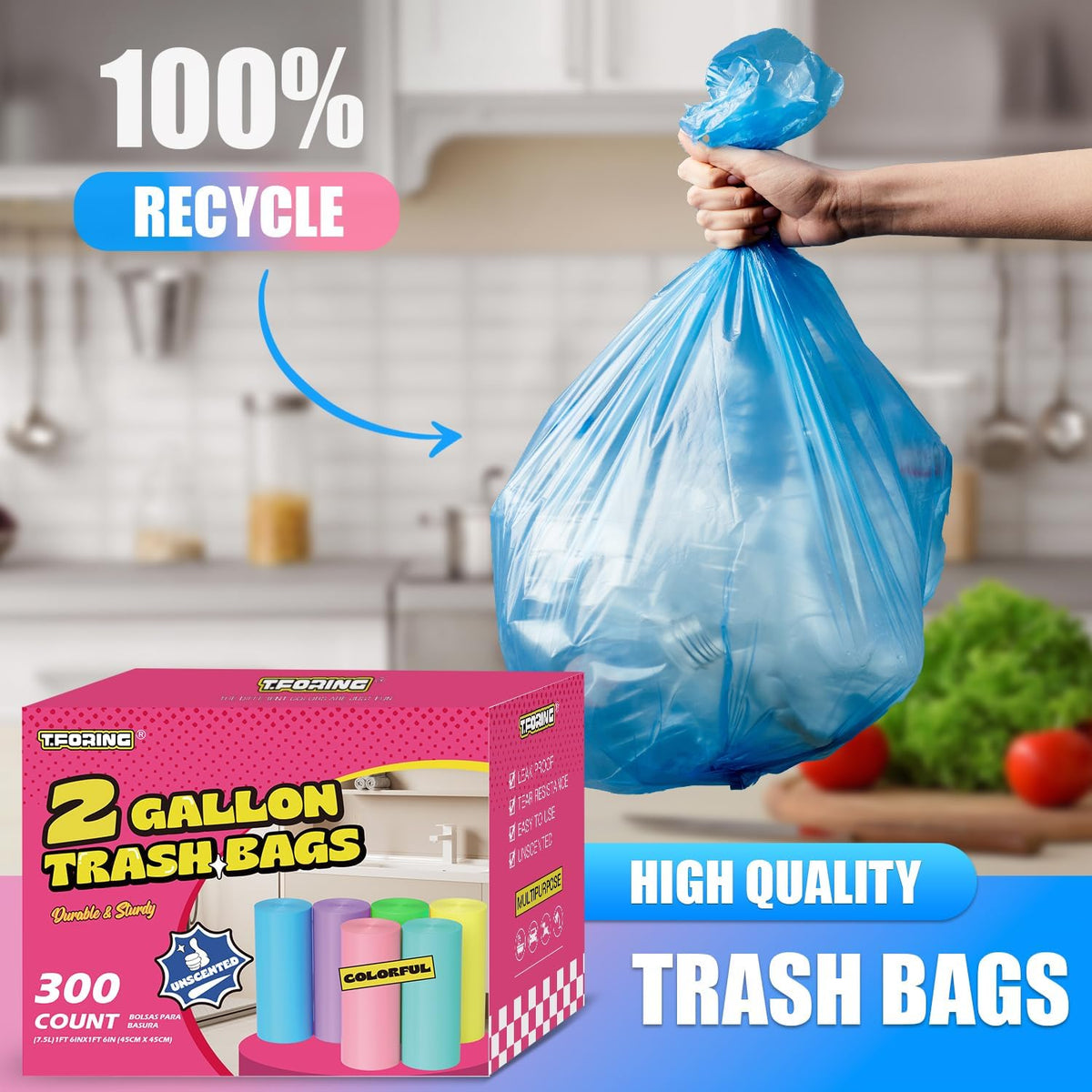 300 Count 3 Gallon Trash Bags - 12 Liter Colored Small Garbage Bags Unscented Wastebasket Liners