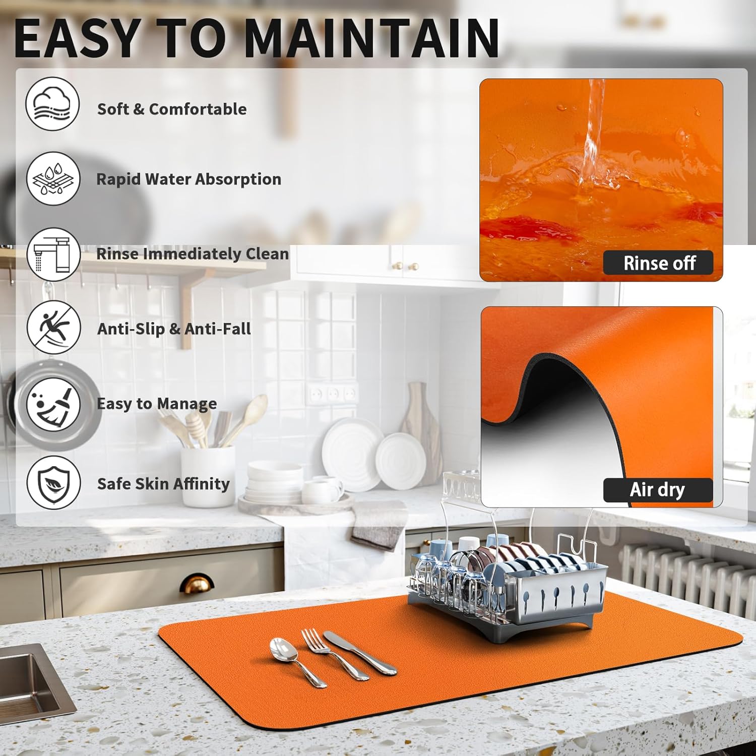 Dish Drying Mat for Kitchen Counter, Heat Resistant Drainer Mats with Non-slip Rubber Backed, Hide