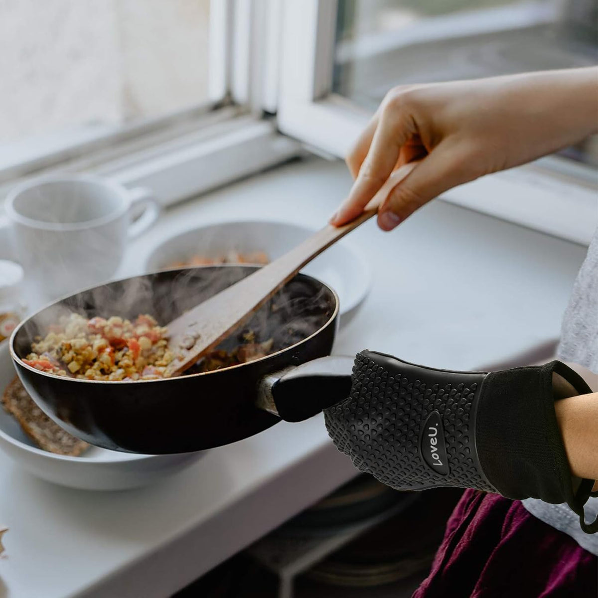 Kitchen Oven Gloves - Dual-Layer Heat Resistant Grilling Gloves, Silicone Oven Mitts with 5