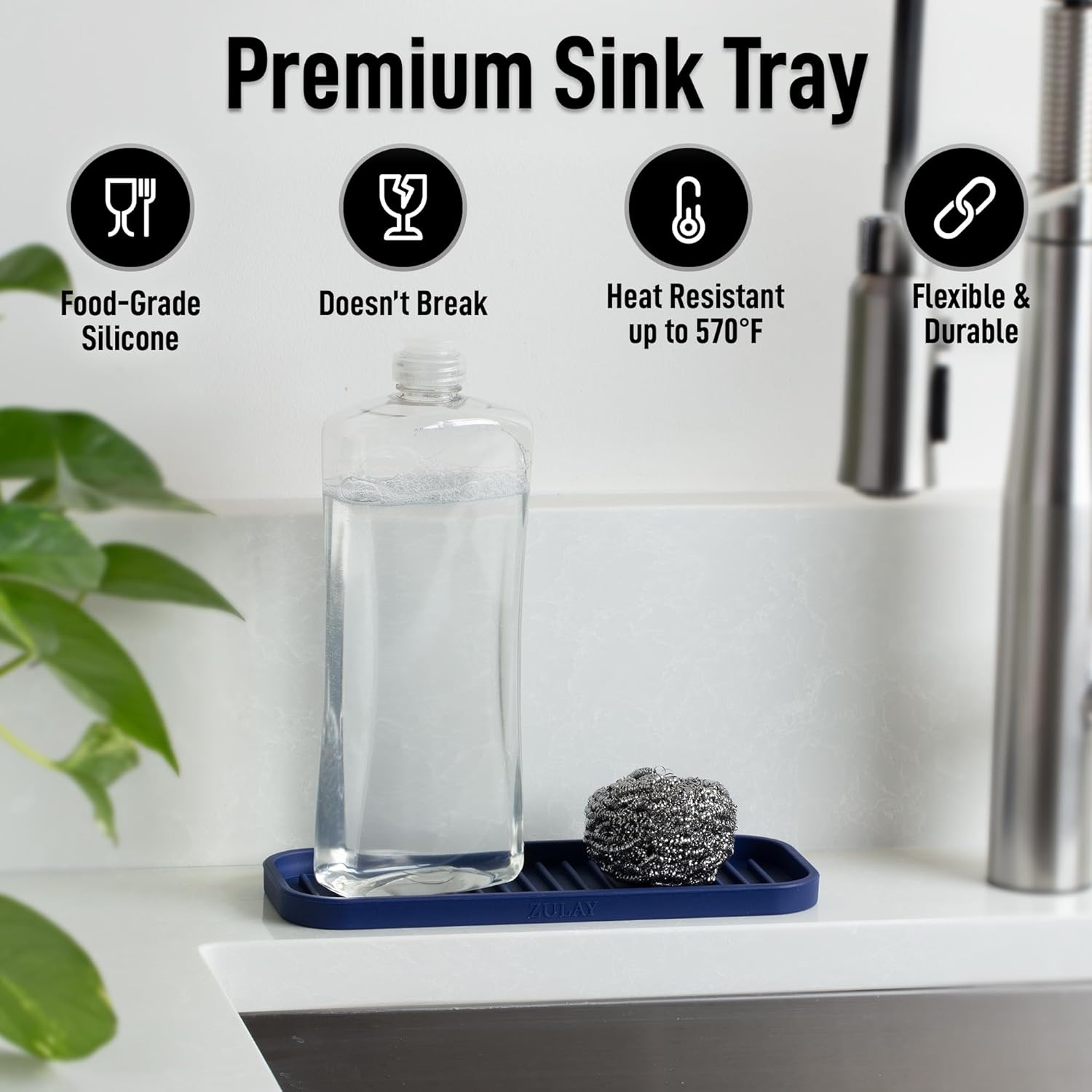 Zulay Kitchen (9x3.5) Silicone Sponge Holder for Kitchen Sink - Flexible Multipurpose Soap Tray