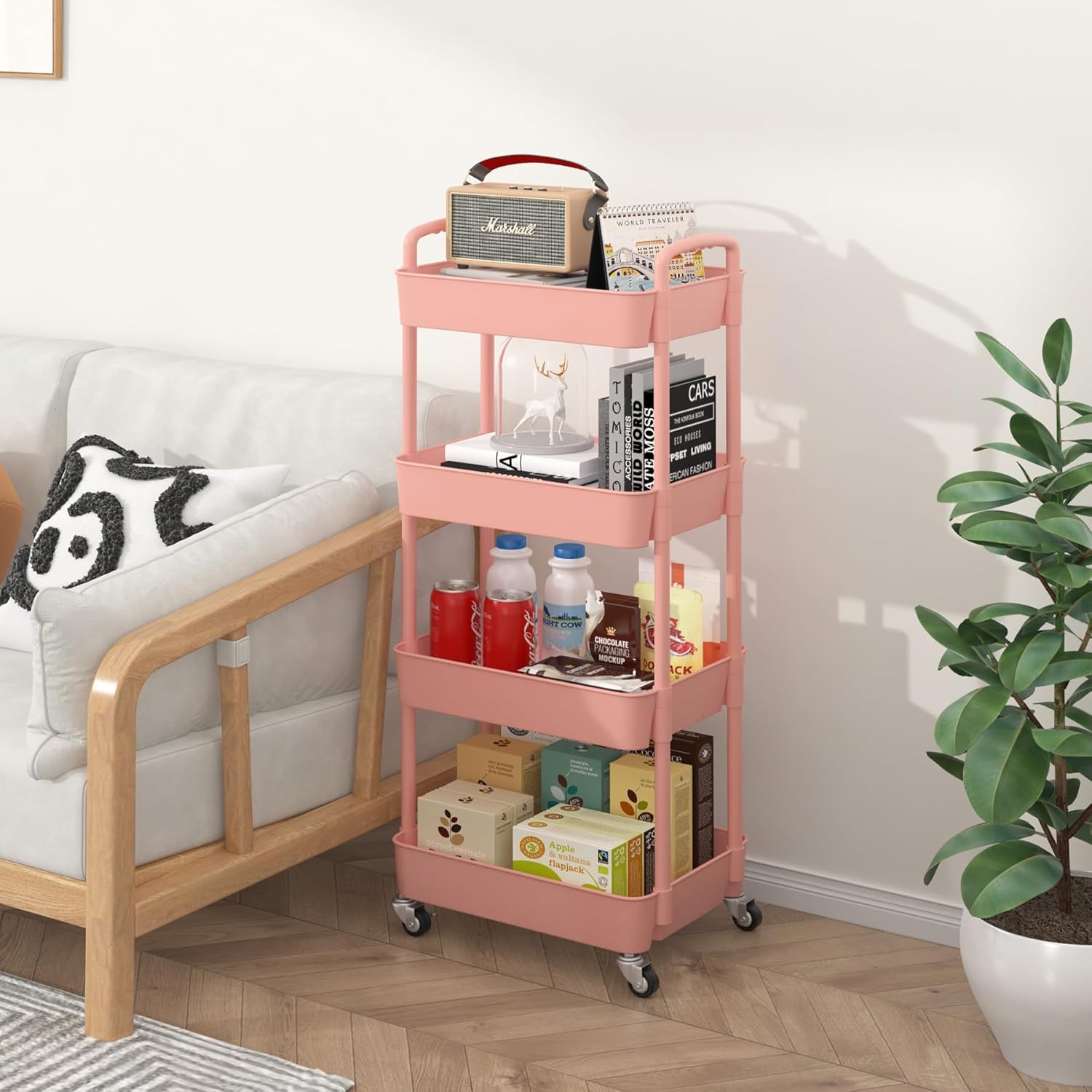 Sywhitta 4-Tier Plastic Rolling Utility Cart with Handle, Multi-Functional Storage Trolley for