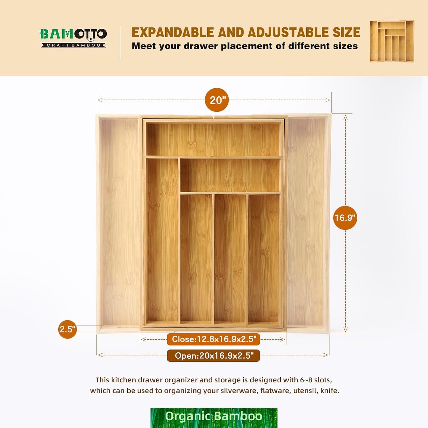 Expandable Bamboo Drawer Organizer – Large 20"x16.9" Size with Adjustable Dividers – for Kitchen