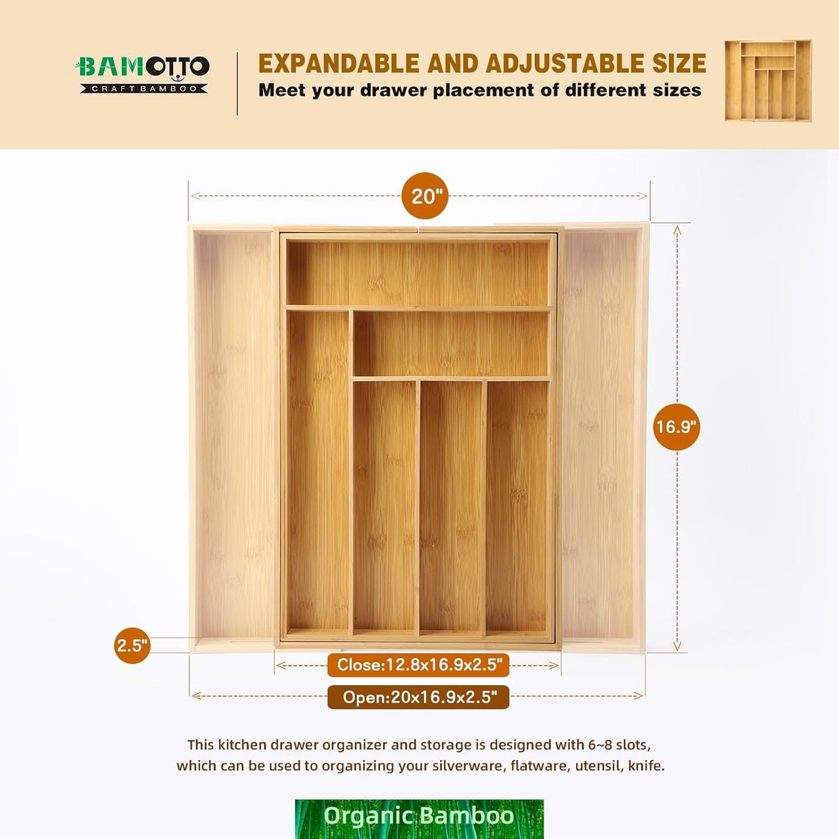 Expandable Bamboo Drawer Organizer – Large 20"x16.9" Size with Adjustable Dividers – for Kitchen
