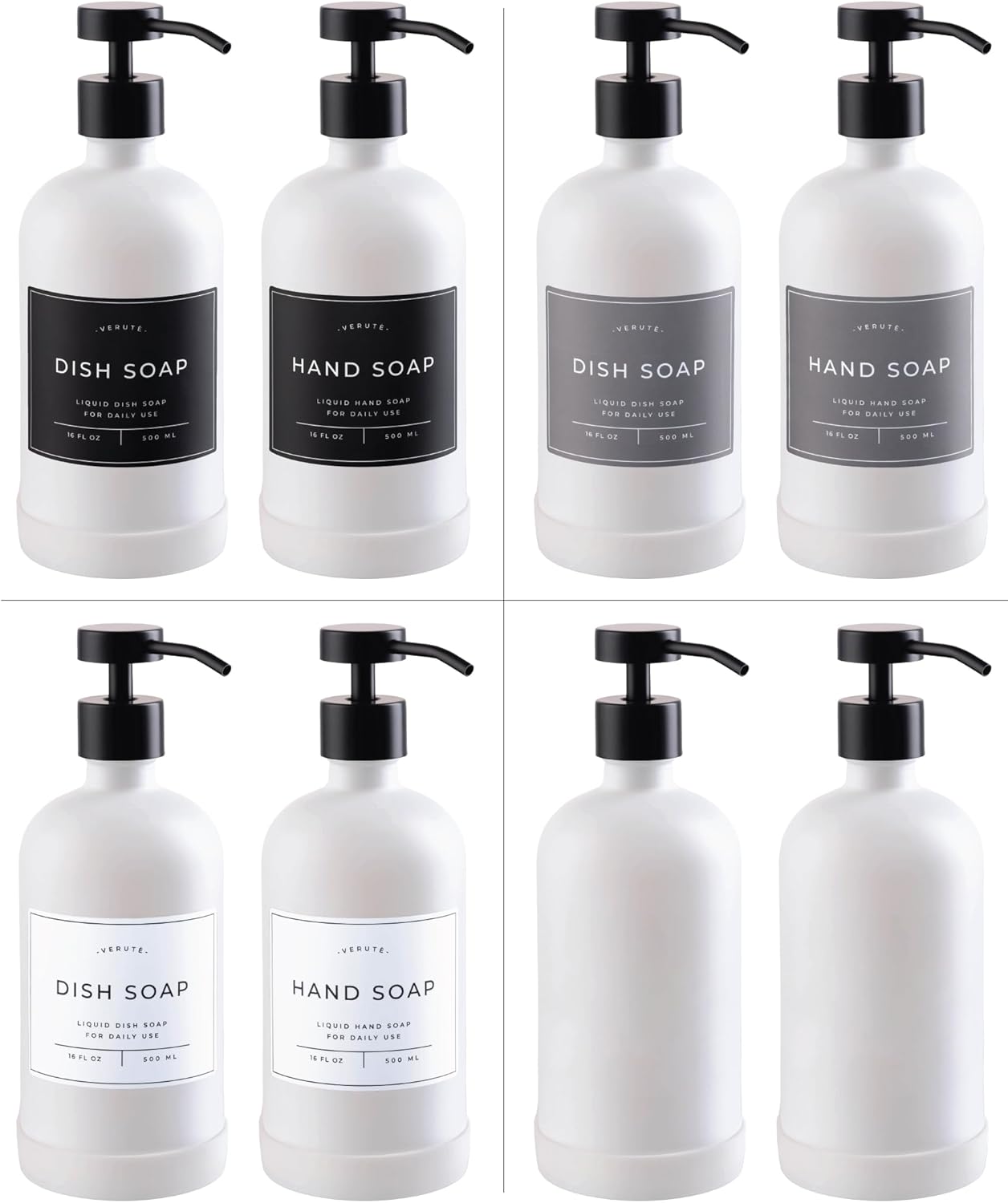 16oz Glass Soap Dispenser with Stainless Steel Pump, 21 Waterproof Labels, Non-Slip Protective