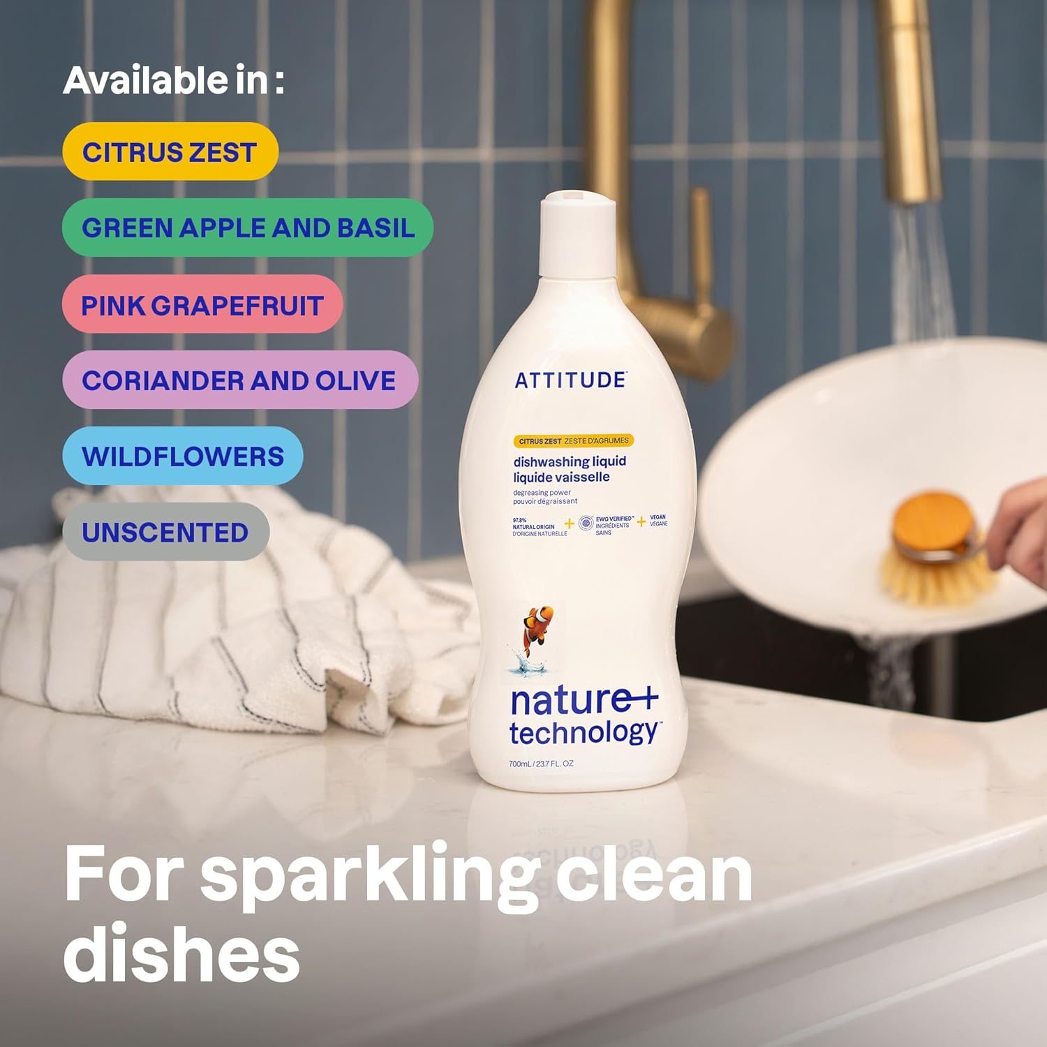 ATTITUDE Dish Soap, EWG Verified, Plant-Based & Vegan Dishwashing Liquid, Naturally Derived, Green