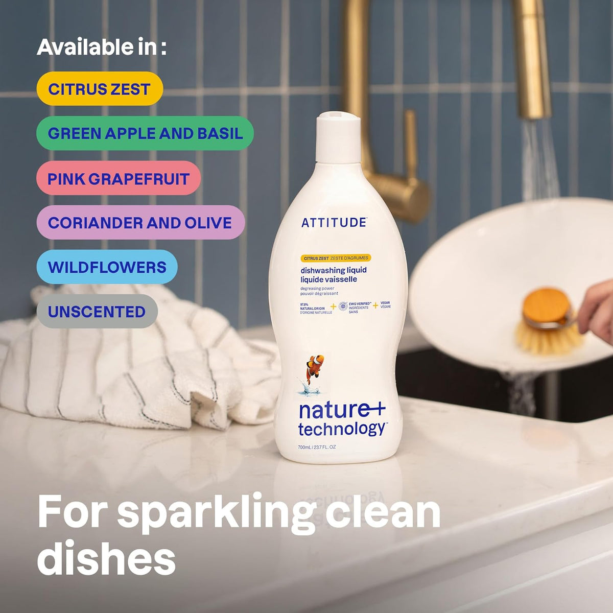 ATTITUDE Dish Soap, EWG Verified, Plant-Based & Vegan Dishwashing Liquid, Naturally Derived, Citrus