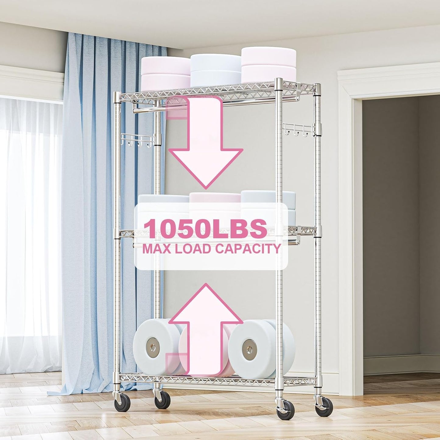 Heavy Duty Rolling Garment Rack 3 Tiers Adjustable Wire Shelving Clothes Rack with 2 Rods and Side