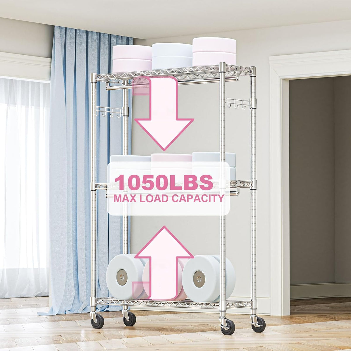 Heavy Duty Rolling Garment Rack 3 Tiers Adjustable Wire Shelving Clothes Rack with 2 Rods and Side
