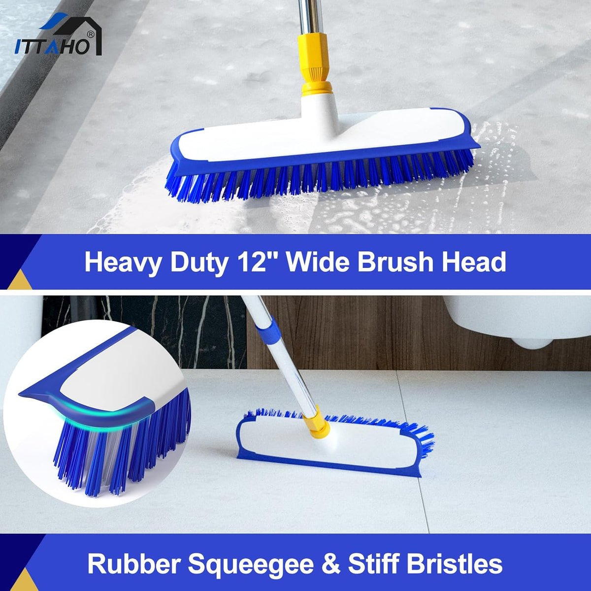 ITTAHO 12" Wide Floor Scrub and Grout Brush Set With Long Extendable Handle - Stiff Bristle Heavy