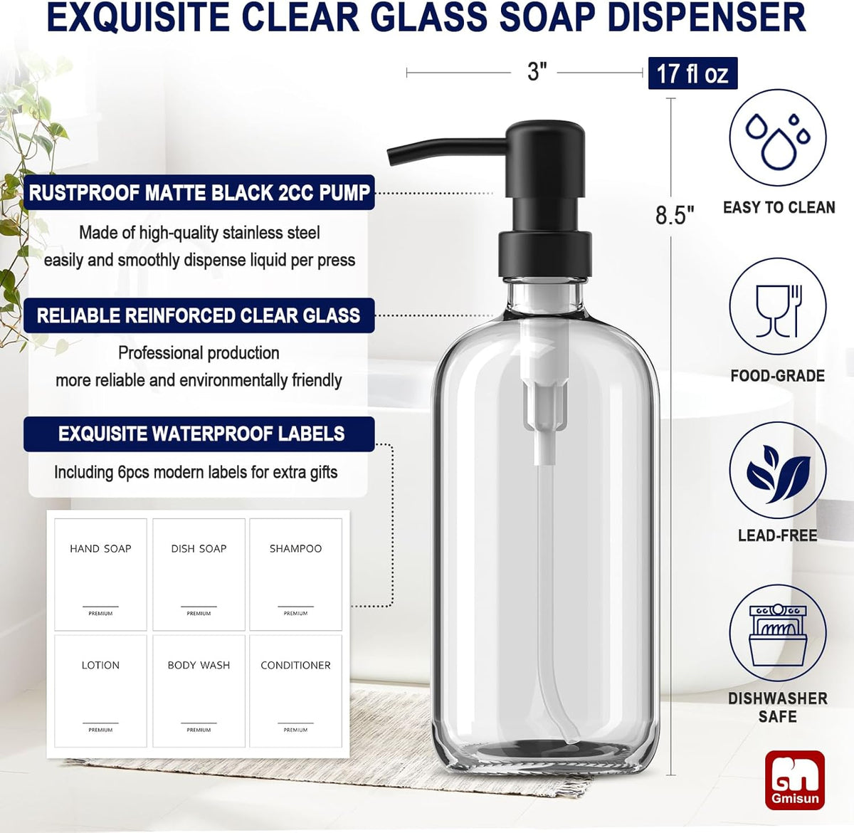GMISUN Glass Soap Dispenser with Pump, 2 Pack Clear Bathroom Hand Soap Dispenser with Stainless