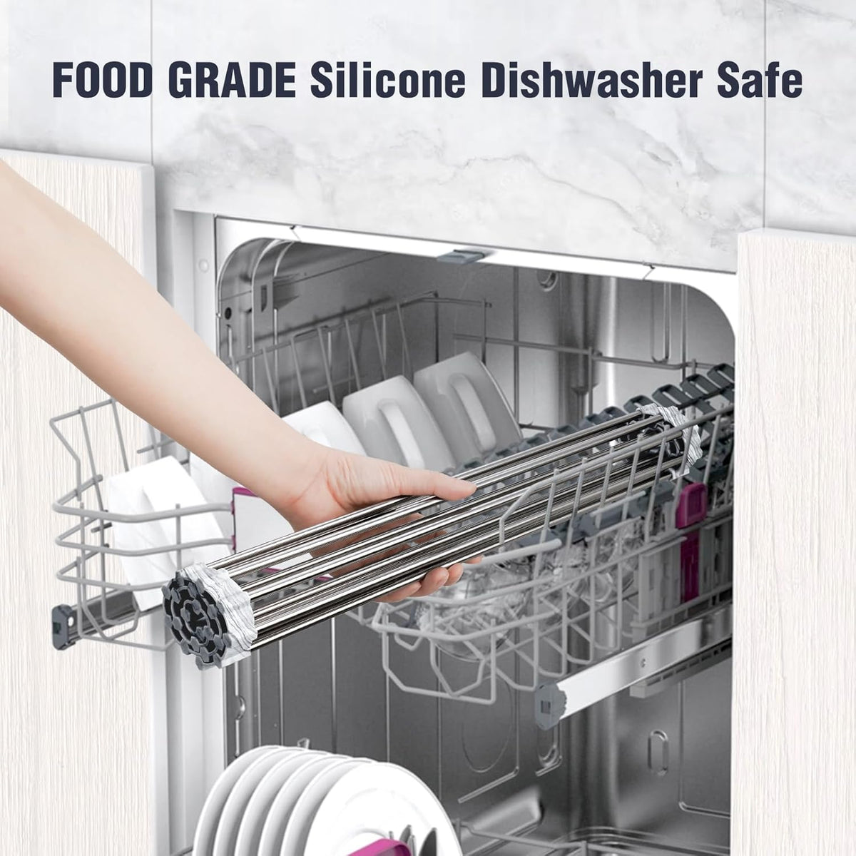 Tomorotec Stainless Steel Roll-Up Dish Drying Rack Marble Color Silicone Edges, Foldable Kitchen