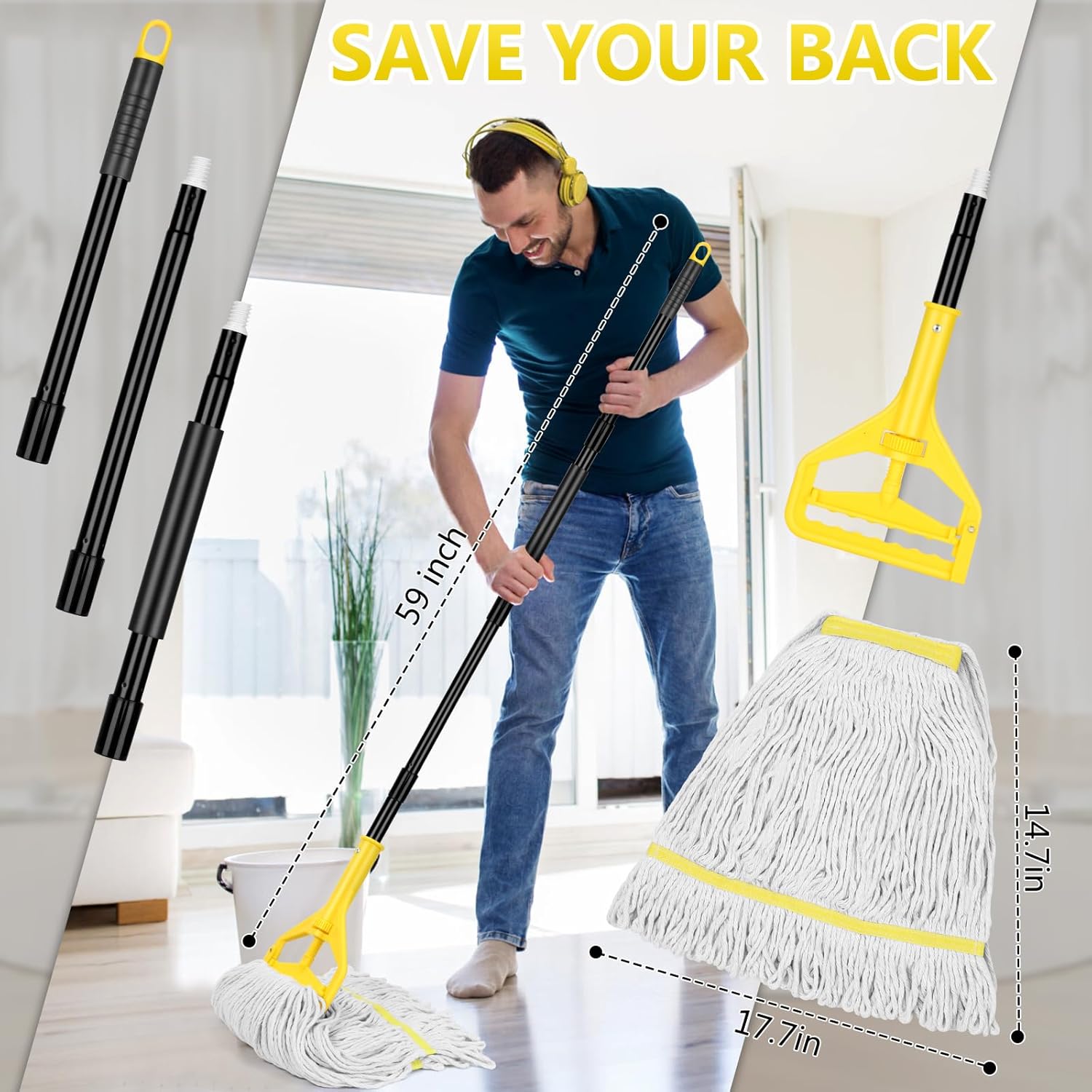 Beyoco Heavy Duty Commercial Industrial Cotton Mop with Long Handle,Looped-End String Wet Mops with
