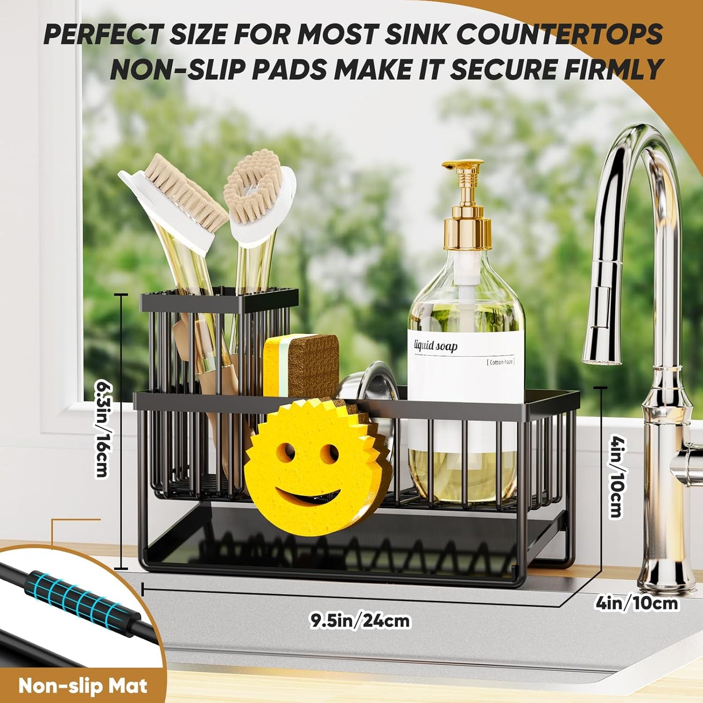 Sponge Holder for Kitchen Sink,Smiley Face Sink Caddy with Removable Brush Holder,Self-Draining