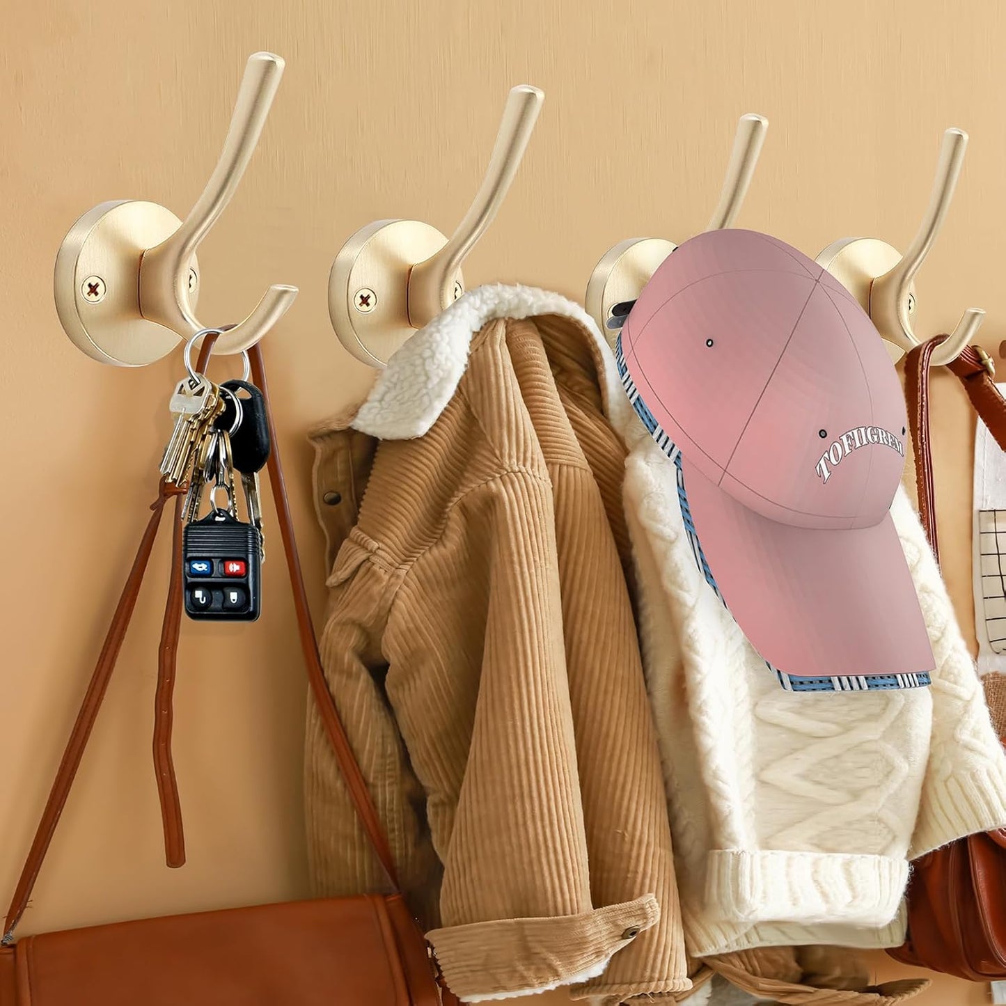 Gold Hat and Coat Hooks, 4 Pack Heavy Duty Coat Robe Hook, Metal Double Backpack Hook Wall Mounted