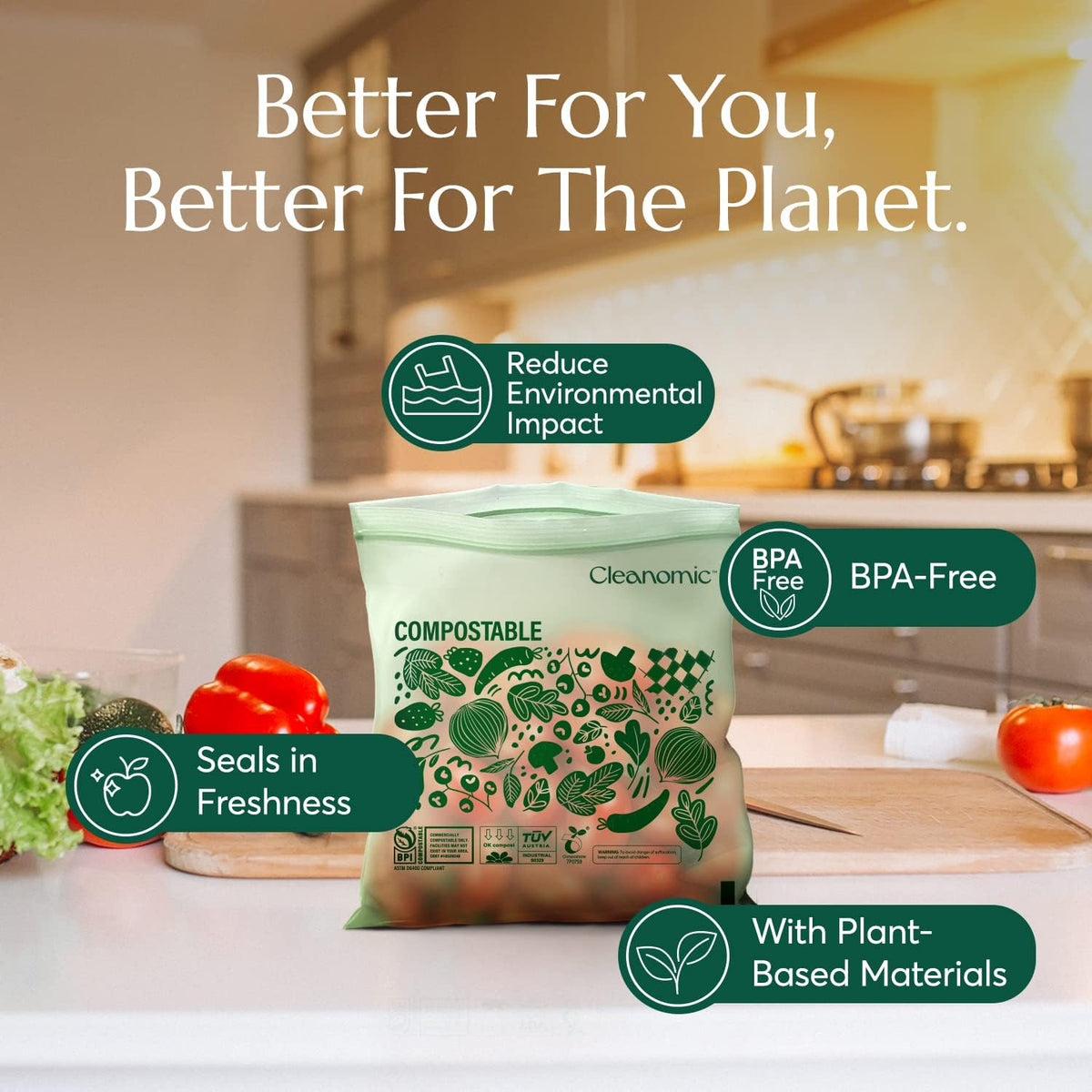 Cleanomic Compostable* Quart Size Food Storage Bags (25 Eco Zip) Freezer and Leak Proof, Also