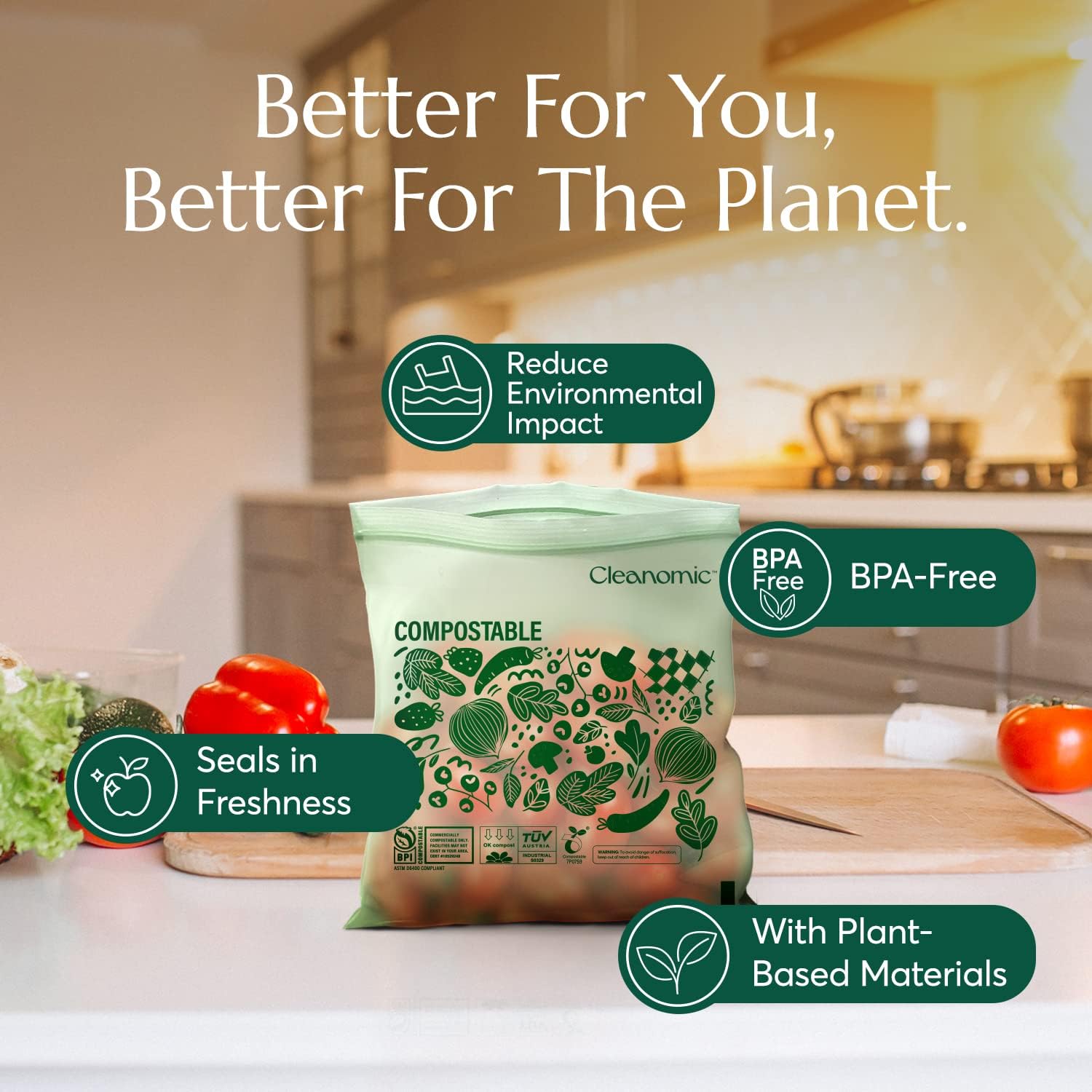 Cleanomic Compostable* Quart Size Food Storage Bags (25 Eco Zip) Freezer and Leak Proof, Also