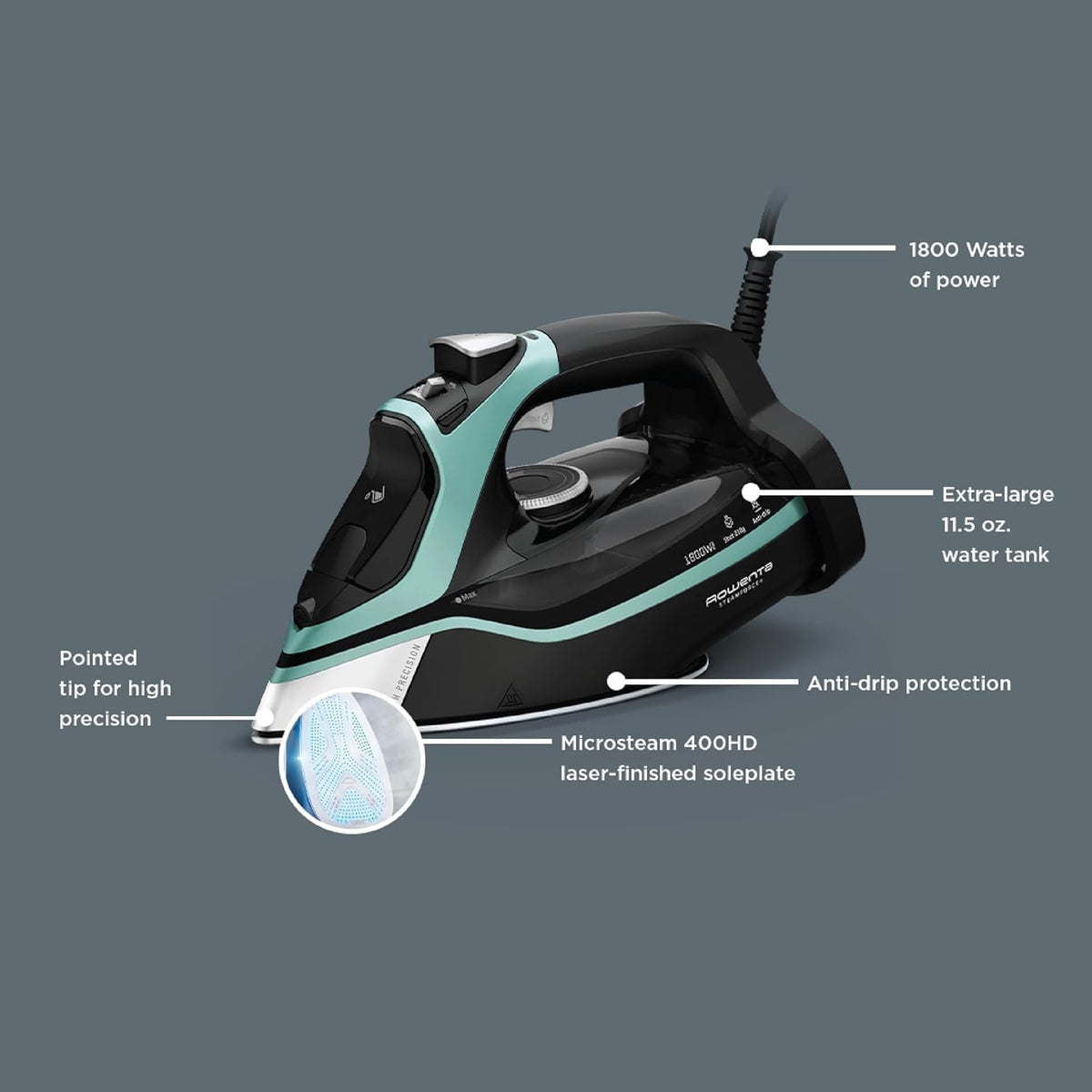 Rowenta Steam Force Stainless Steel Soleplate Steam Iron for Clothes, 400 Microsteam Holes, 1800