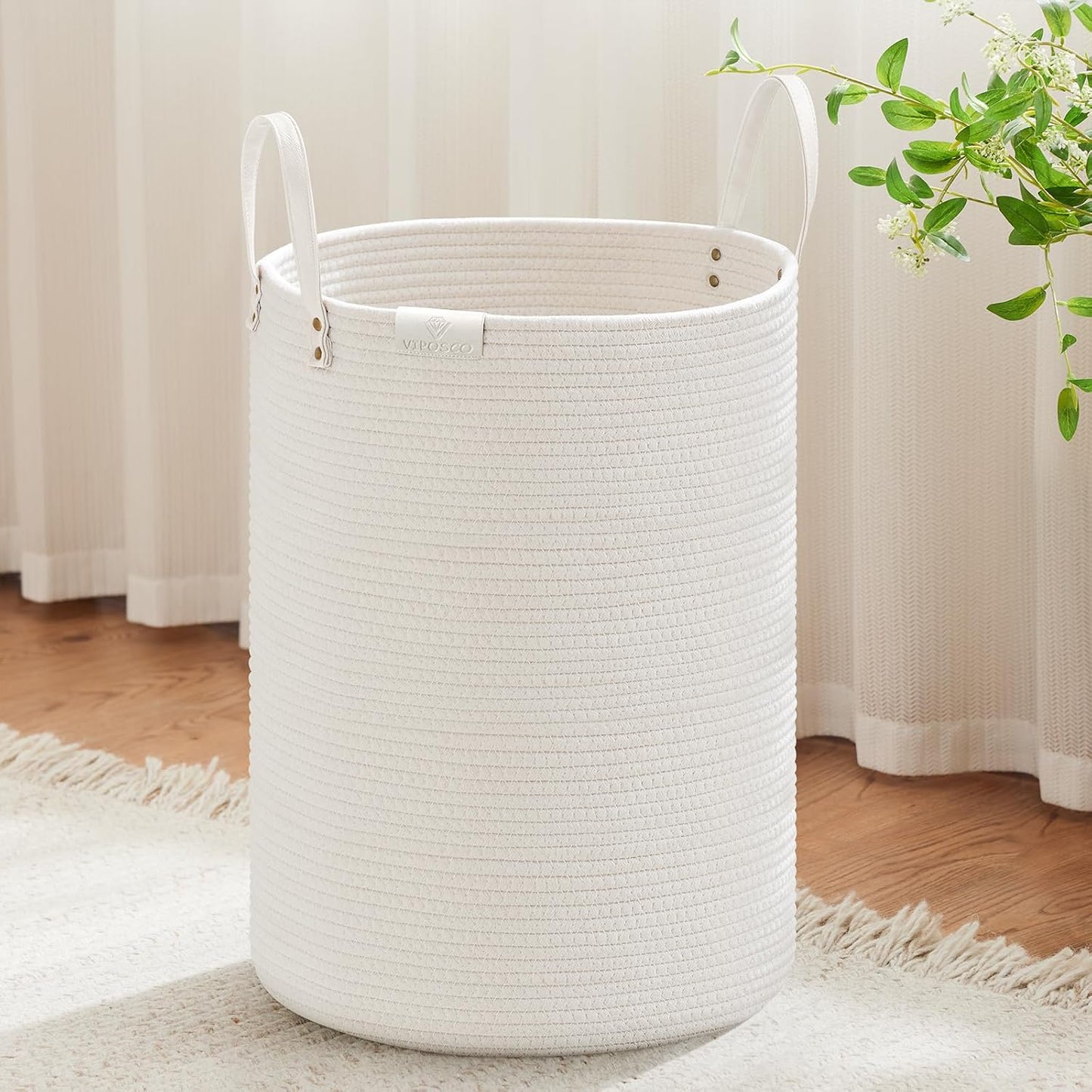 VIPOSCO Tall Laundry Basket, Large Dirty Clothes Hamper with Leather Handle, Woven Rope Storage