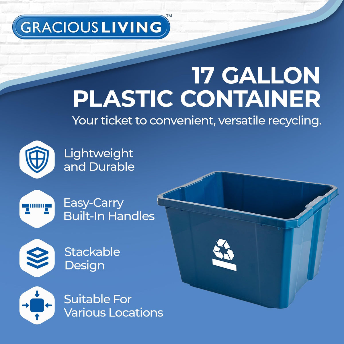 Gracious Living Recycling Bin Container, Plastic Trash Can, 17 Gallon