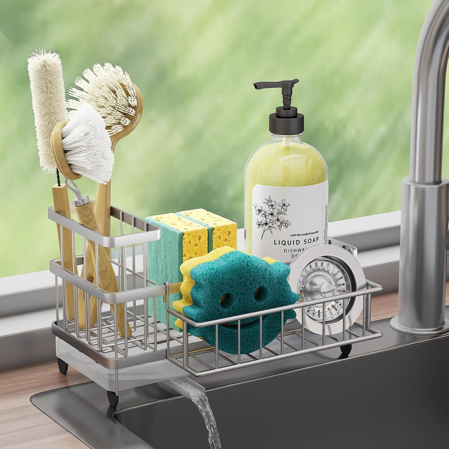 Consuemst Sponge Holder for Kitchen Sink - Auto Draining Sink Caddy Organizer with Detachable Rack