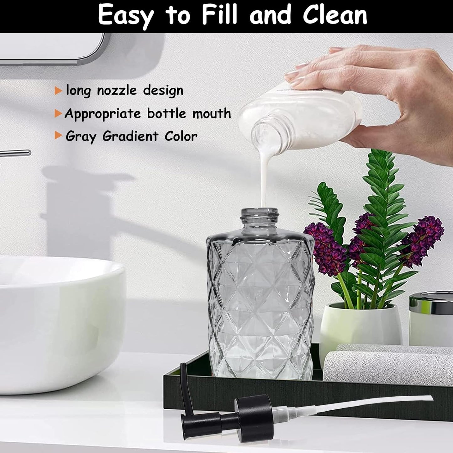 Crystal Glass Soap Dispenser, 12oz Gradient Grey Bathroom Hand Dispenser, Lotion Dispenser with