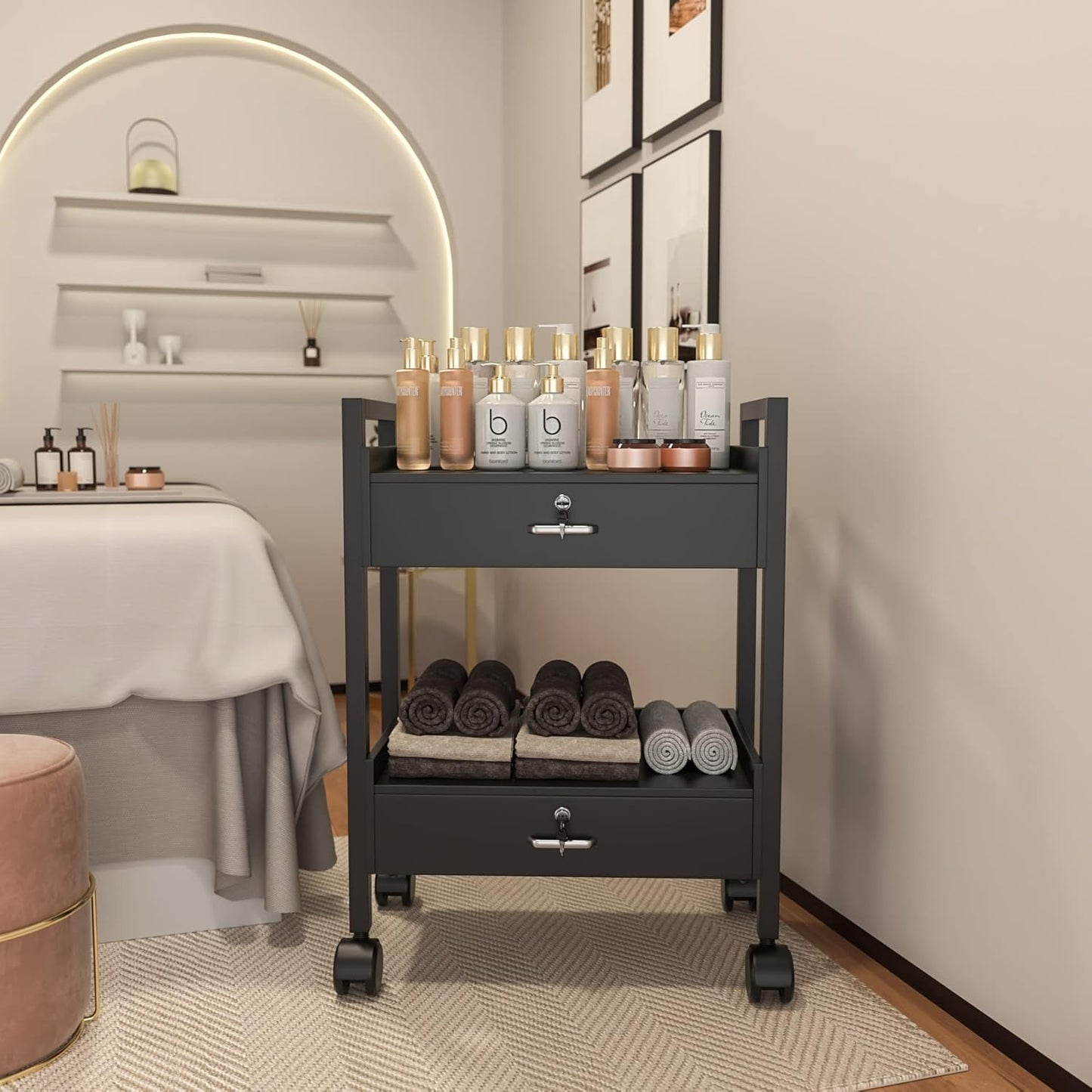 Paddie Salon Trolley Cart, Salon Tray Wooden Mobile Utility Cabinet with 2 Lockable Drawers