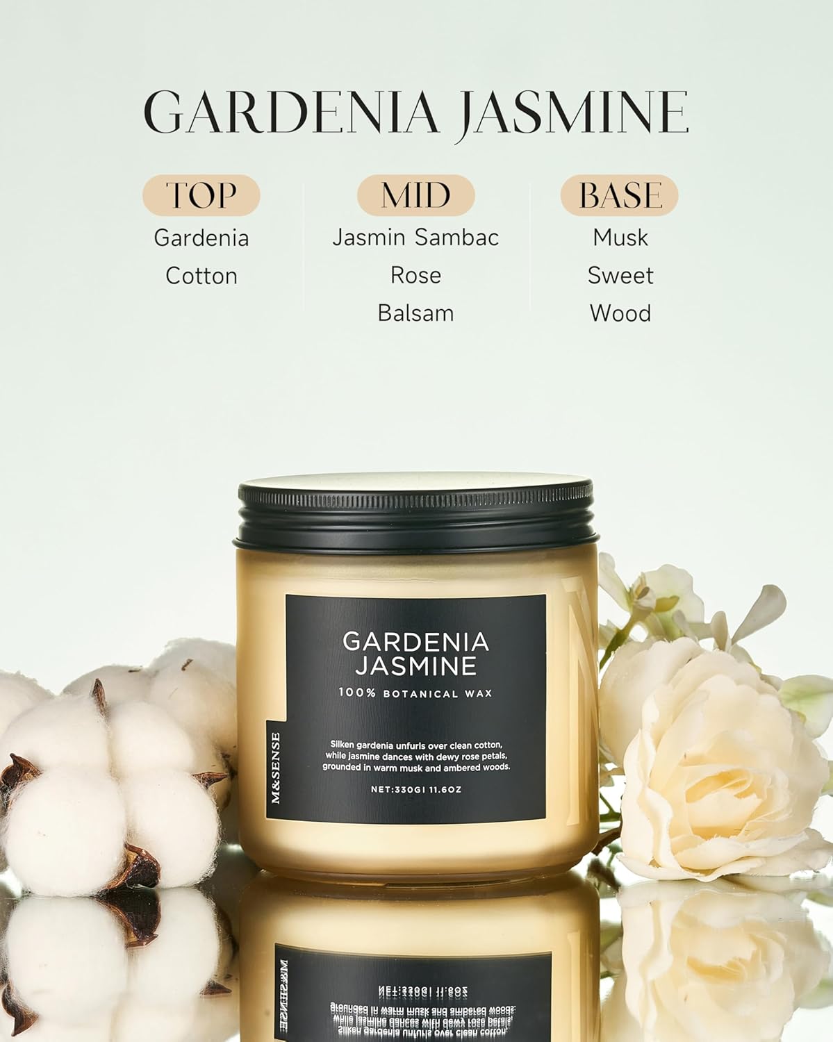M&SENSE Gardenia Jasmine Scented Candle - 11.6oz Natural Soy Wax Clean Non Toxic 70-Hour Burn