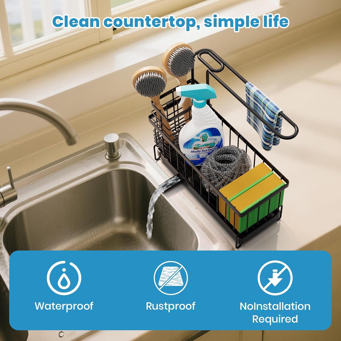 Kitchen Sink Caddy, Sponge Holder with 360 Degree Rotating Drain, Carbon Steel Organizer with High
