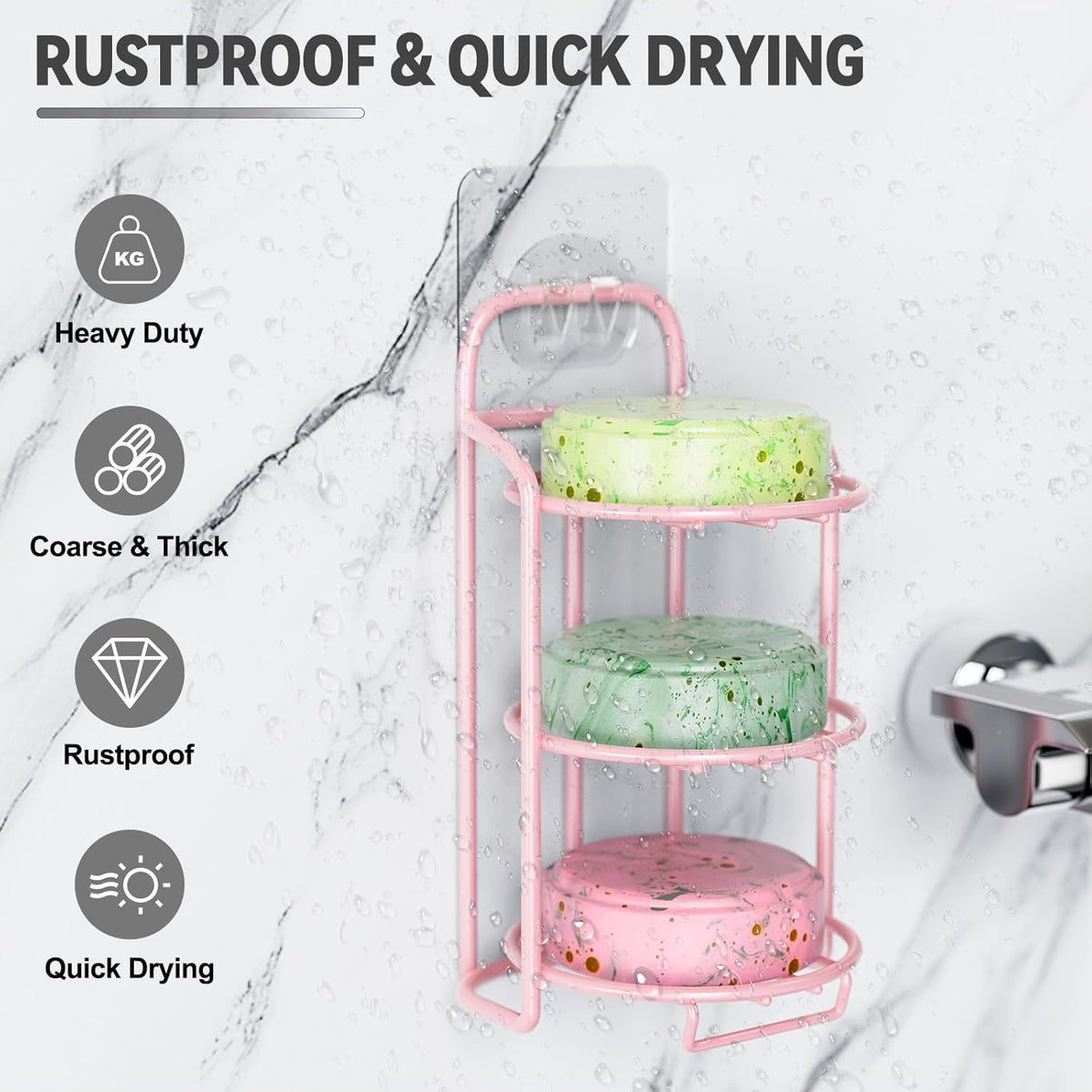 Pink 3-Tier Shower Soap Shampoo Bar Holder, Self Adhesive & Freestanding Draining Soap Dish Caddy