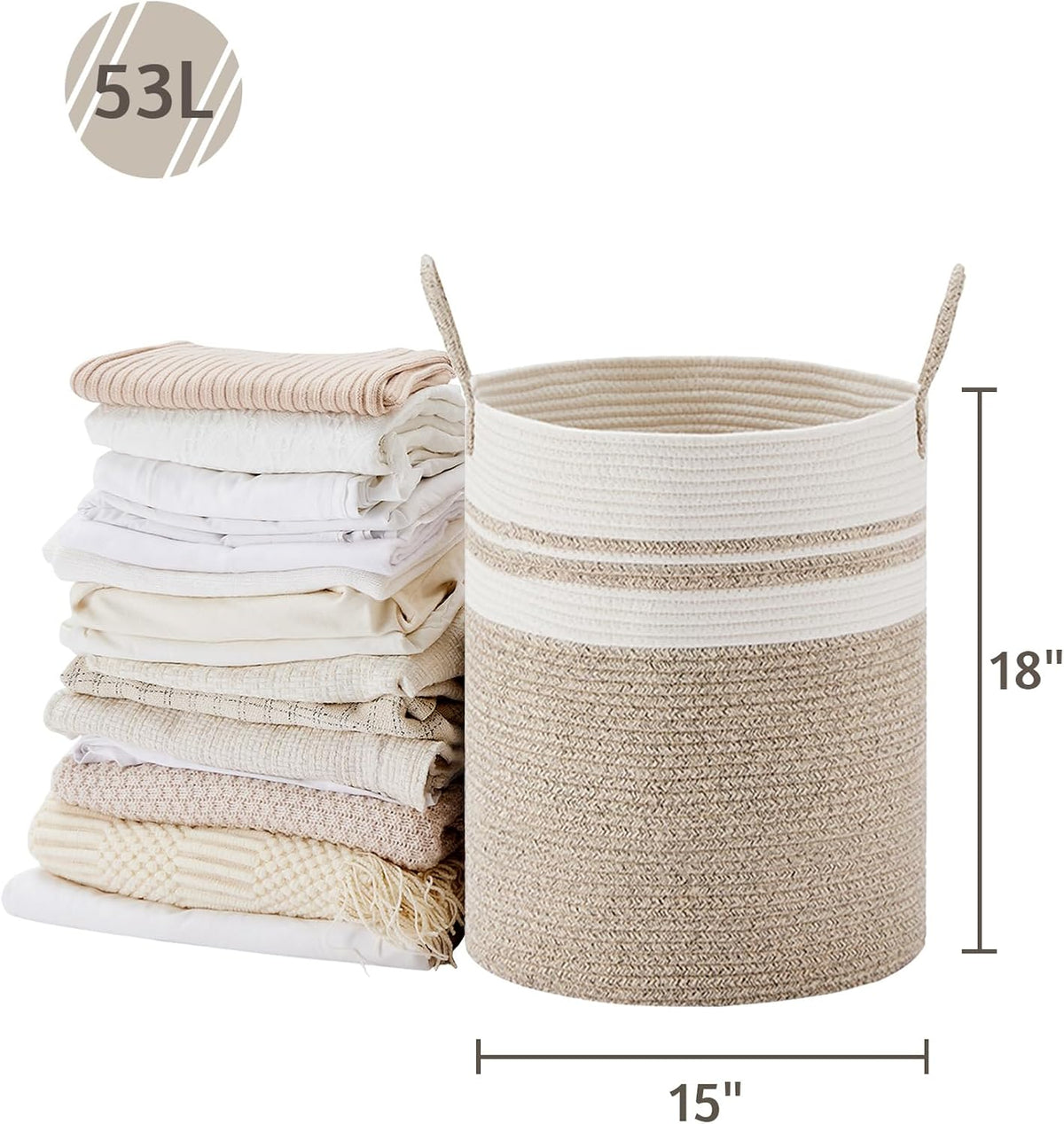 VIPOSCO Large Laundry Hamper, Tall Woven Rope Storage Basket for Blanket, Toys, Dirty Clothes in