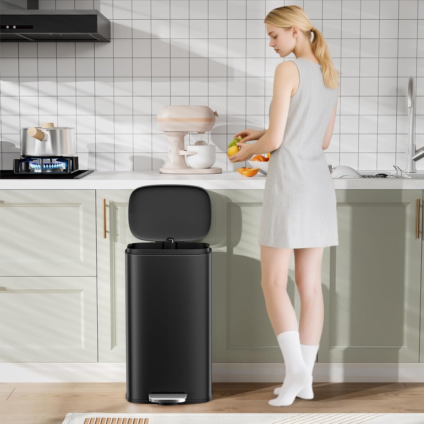Arlopu 13.2+1.3 Gallon Step Trash Can, Stainless Steel Garbage Bin, Soft-Close Rubbish Bin with
