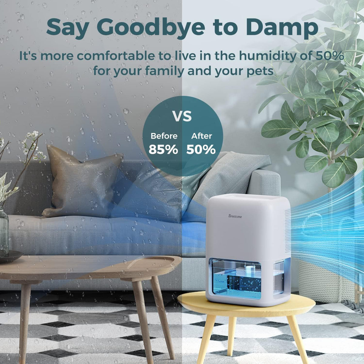 BREEZOME 60 OZ Dehumidifiers for Home, Dual-Semiconductor Quiet Dehumidifier with Timer Sleep Mode