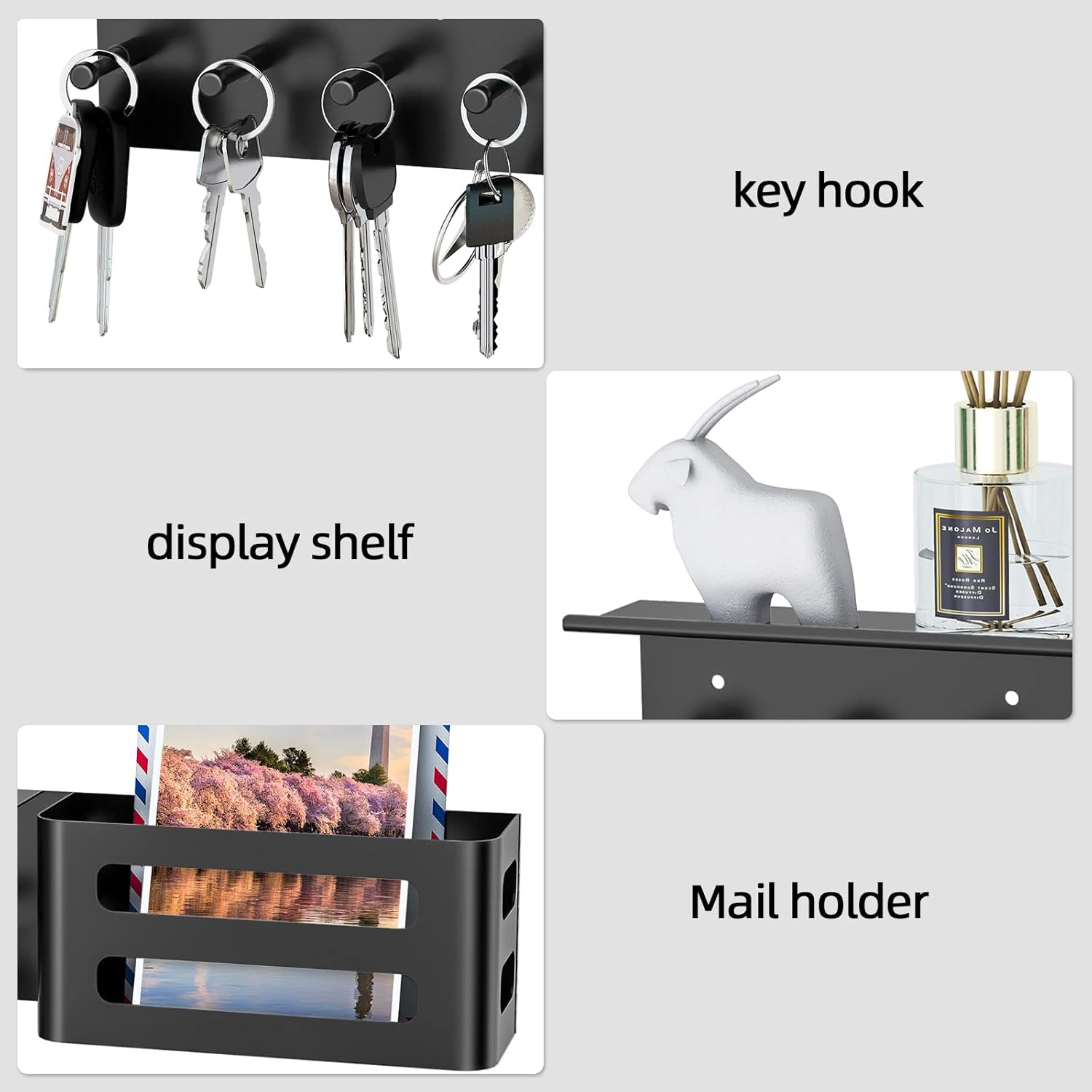 MKO Key Holder for Wall, Mail Organizer Key Rack with Tray, Key Holder Adhesive Wall Mount, 4