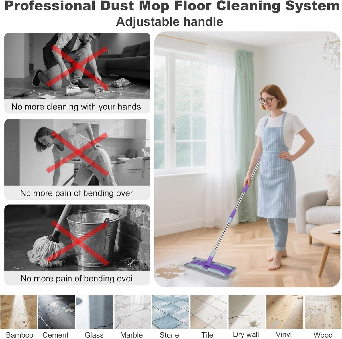 ITTAHO Microfiber Flat Mop Floor Cleaning System,Wet & Dry Dust Mopping with Stainless Steel