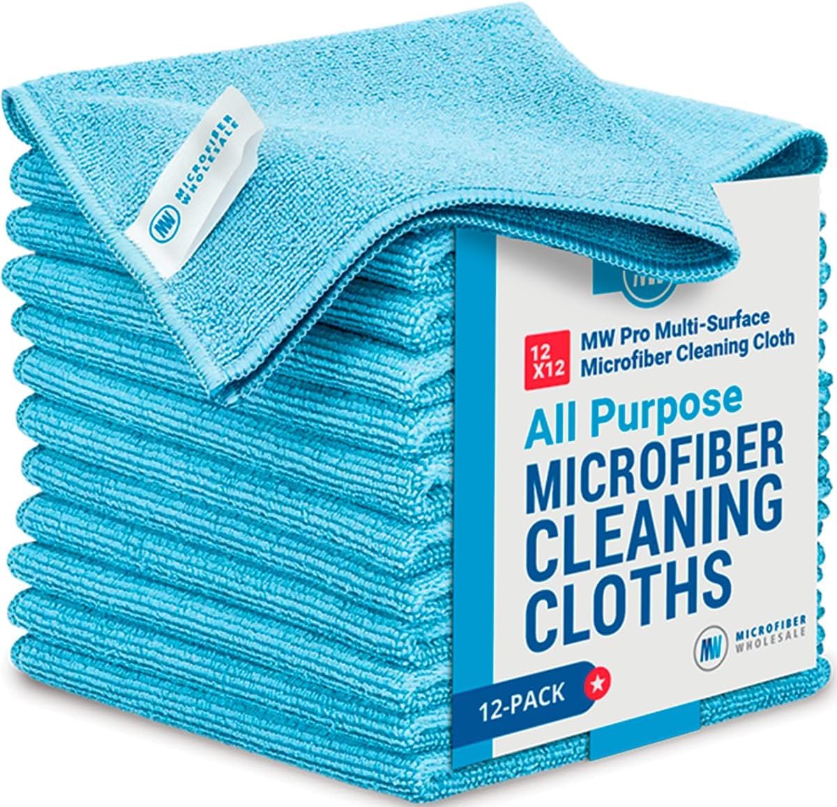 12" x 12" MW Pro Multi-Surface Microfiber Cleaning Cloths | Blue - 12 Pack | Premium Microfiber