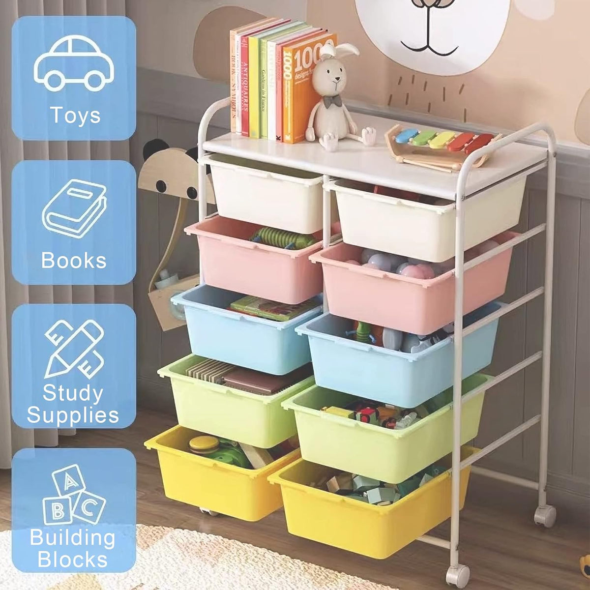 10 Drawers Rolling Storage Cart, Plastic Drawer Cart with Metal Frame, Multipurpose Art Craft Cart