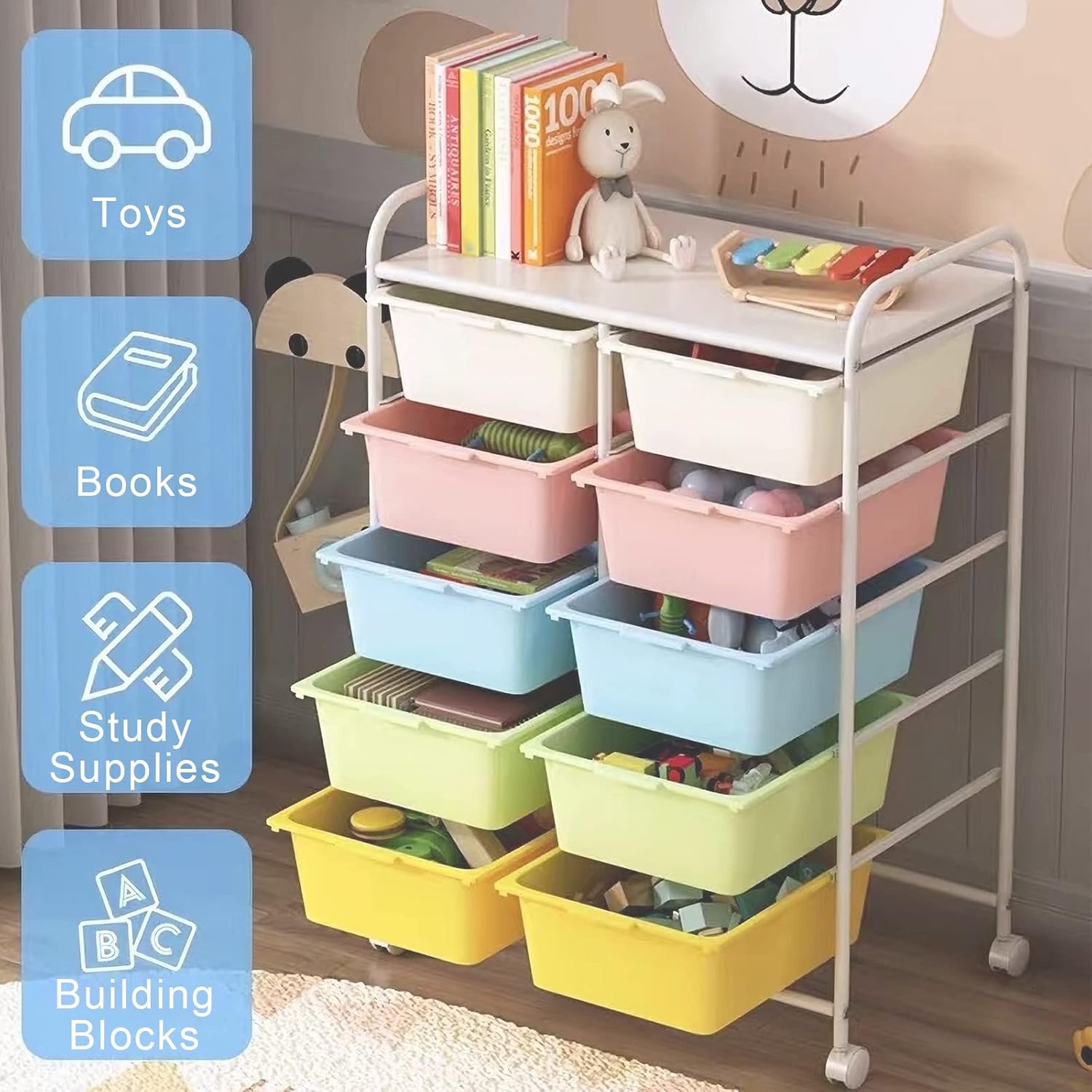 10 Drawers Rolling Storage Cart, Plastic Drawer Cart with Metal Frame, Multipurpose Art Craft Cart