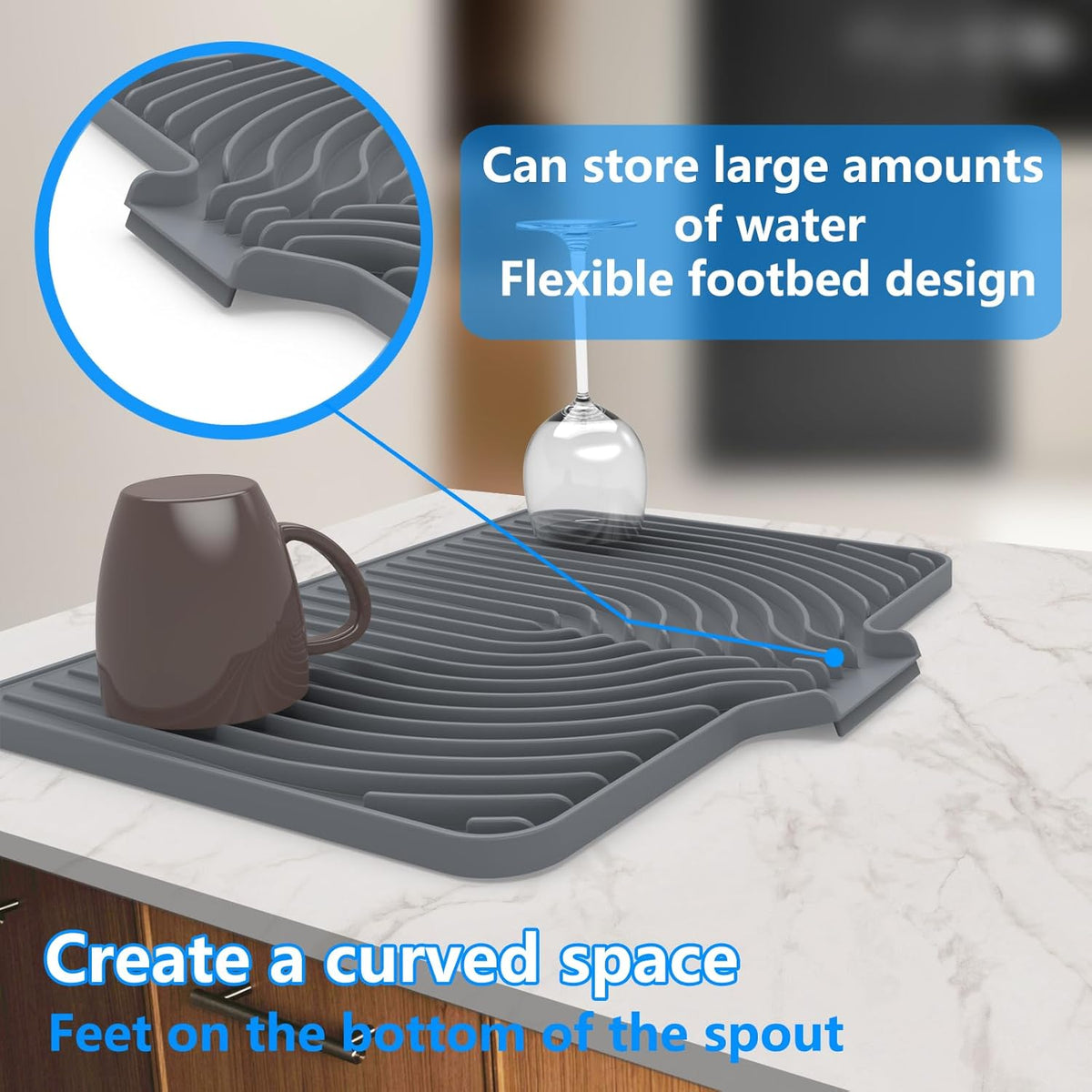 Dish Drying Matt for Kitchen Counter,18"×12"Silicone Dry Rack Mat with Built in Drain, Kitchen Dry