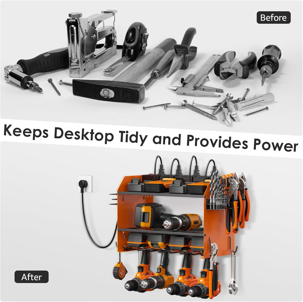 CCCEI Modular Power Tool Organizer Wall Mount with Charging Station. Garage 4 Drill Storage Shelf