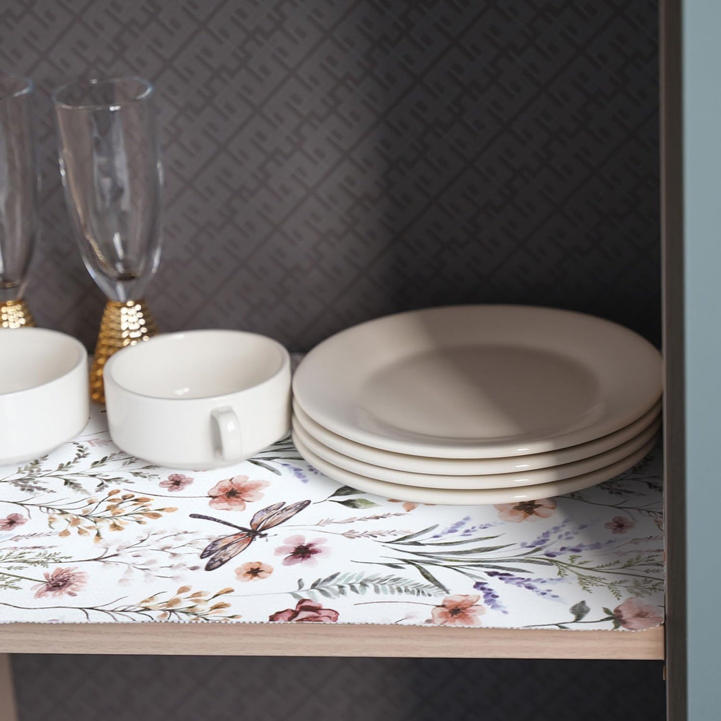 Shelf and Drawer Liner for Kitchen Cabinets, Non-Adhesive and Strong Non-Slip Floral Shelf Cabinet