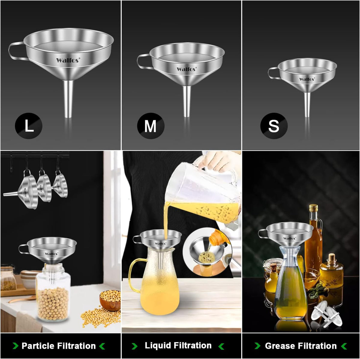 Stainless Steel Funnel, Walfos 3 Pack Kitchen Funnel with 2 Removable Strainer ＆ 1Pcs Cleaning