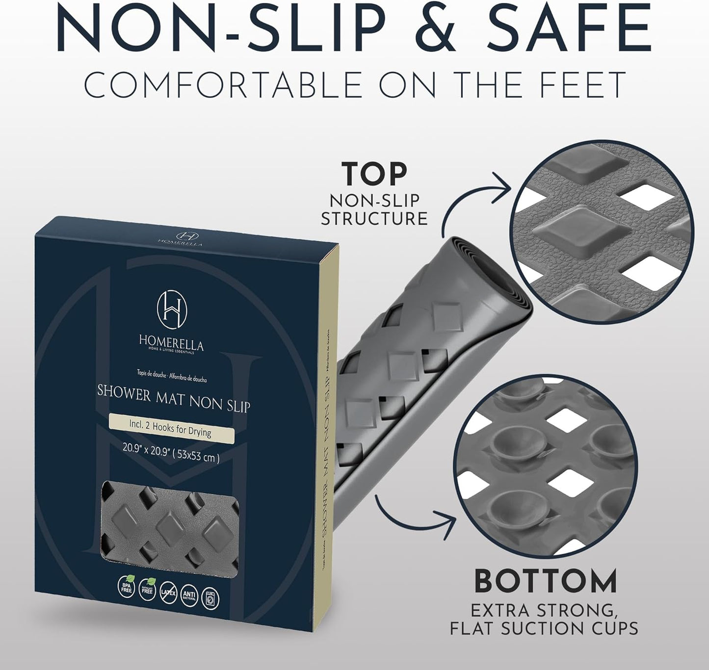 Homerella Anti Slip Shower Mat | Anti Mold Non Slip Bathtub Mat for Inside Shower | Square Floor