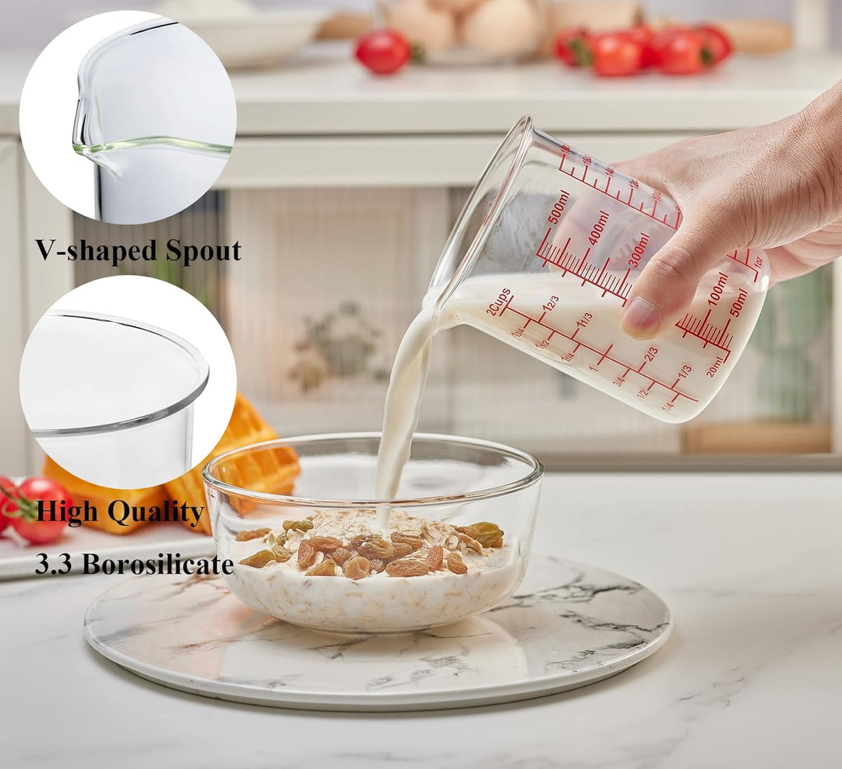 High Borosilicate Glass Measuring Cup Set-V-Shaped Spout，Includes 250ml(8OZ), 500ml(16OZ), and