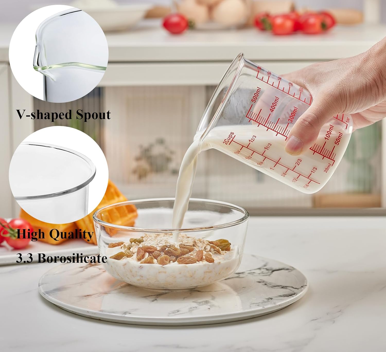 3 Piece Glass Measuring Cup Set, Includes 1/2-Cup, 1-Cup, and 2-Cup High Borosilicate Glasss Liquid