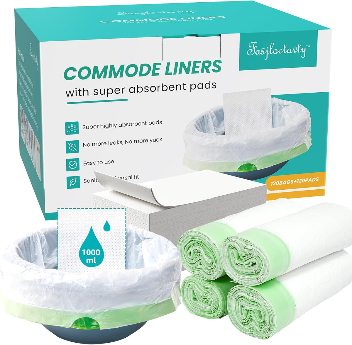 120 Pack Commode Liners with Super Absorbent Pads, Disposable Leakproof Bedside Commode Bags