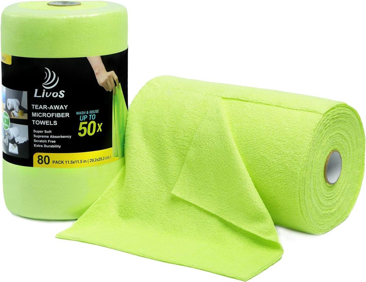 LIVOS Microfiber Cleaning Cloth Roll - 80 Pack, Reusable Paper Towels Green Tear Away, Microfiber