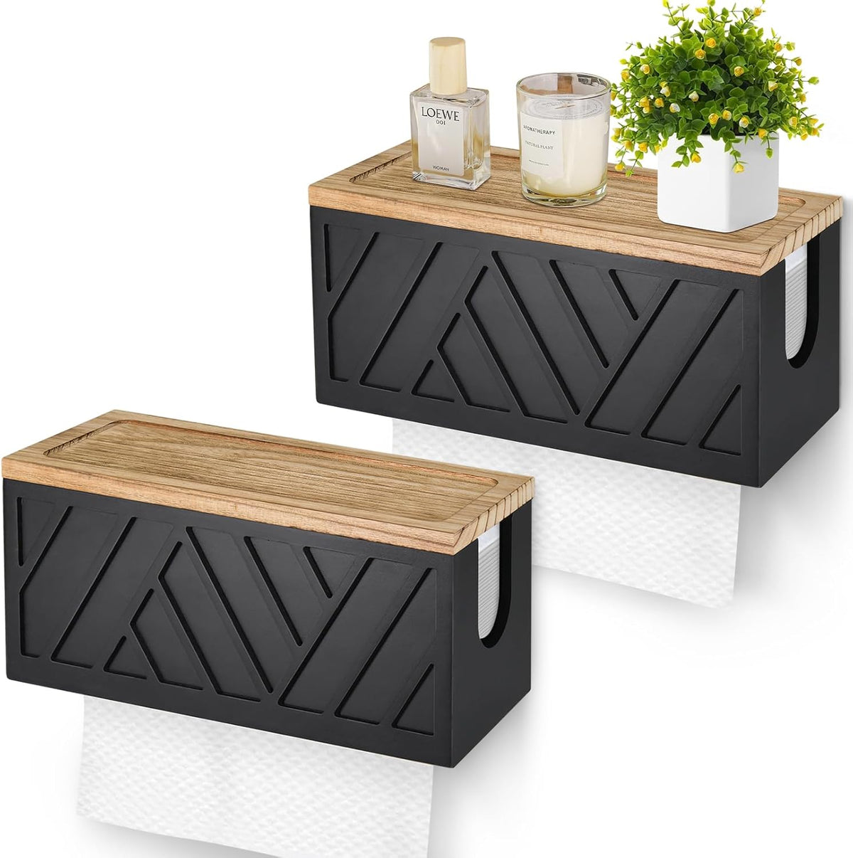 Set of 2 Paper Towel Dispenser Wall Mount, Paper Towel Holder Wall Mounted with Lid, Solid Wood