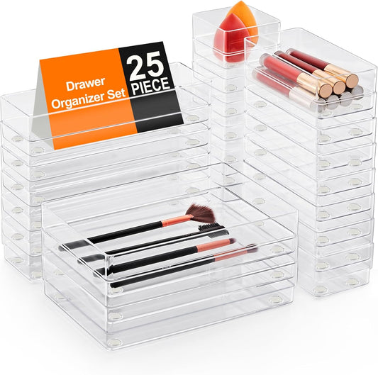 SMARTAKE 25-Piece Drawer Organizer with Non-Slip Silicone Pads, 4-Size Desk Drawer Organizer Trays