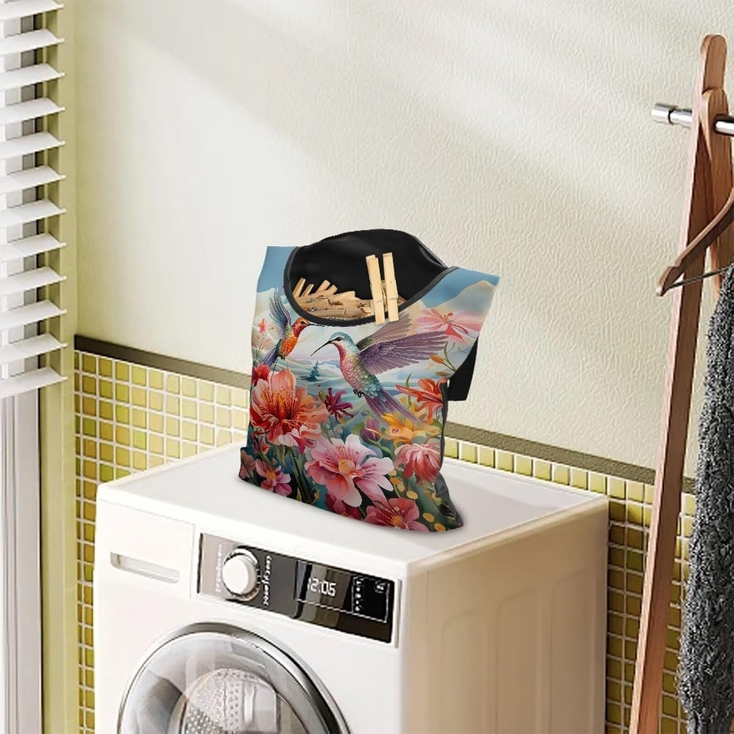 Hummingbird Hibiscu Large Capacity 14.5 x 12 Inch Clothespin Bag with Hanging Hook Waterproof